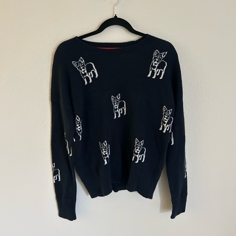 Navy Blue & White Sweater with French Bull Dog Pattern